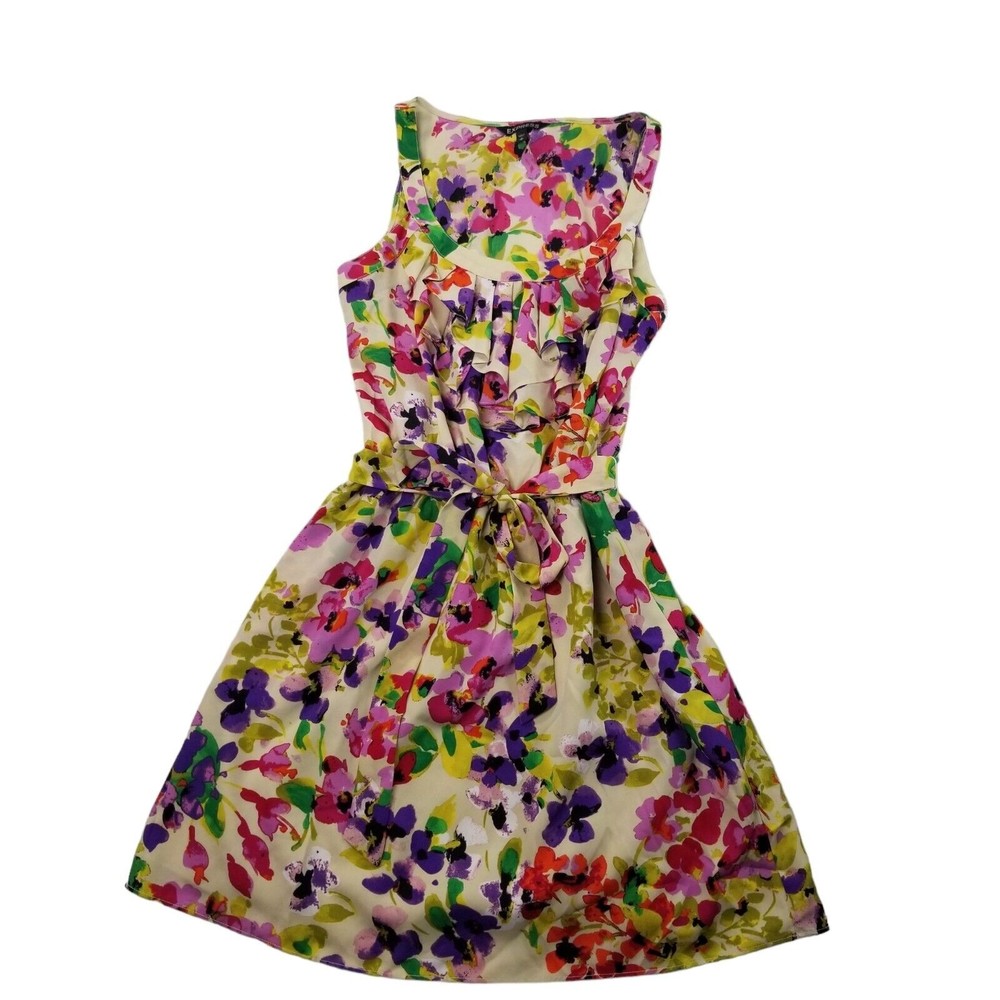 Express Dress Floral Knee Length Belted Sundress Womens Sz M  Ruffle Bib Pockets - Picture 10 of 16